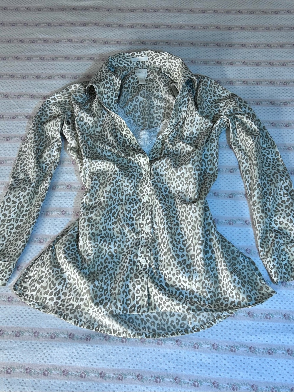 Chico's Satin Leopard Button-Down Blouse - Cream Beige and Brown